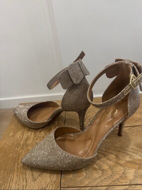 Jessica Simpson Pointed Toe Ankle Strap Stilettos - Champagne Gold Sparkle